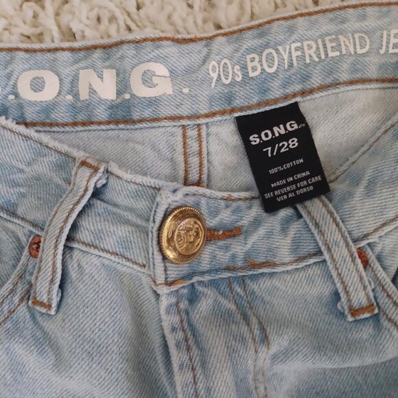 S.O.N.G. Women’s 7/28 90s Boyfriend Jeans Distressed “Angel Energy” Y2K - Picture 2 of 6